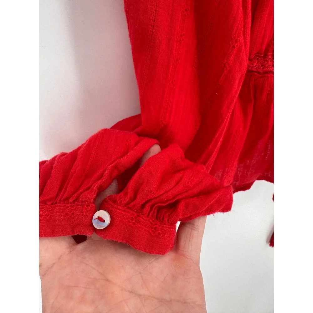 Free People Blouse Womens Medium Red Lace Trim Boho Peplum Tassel V-Neck